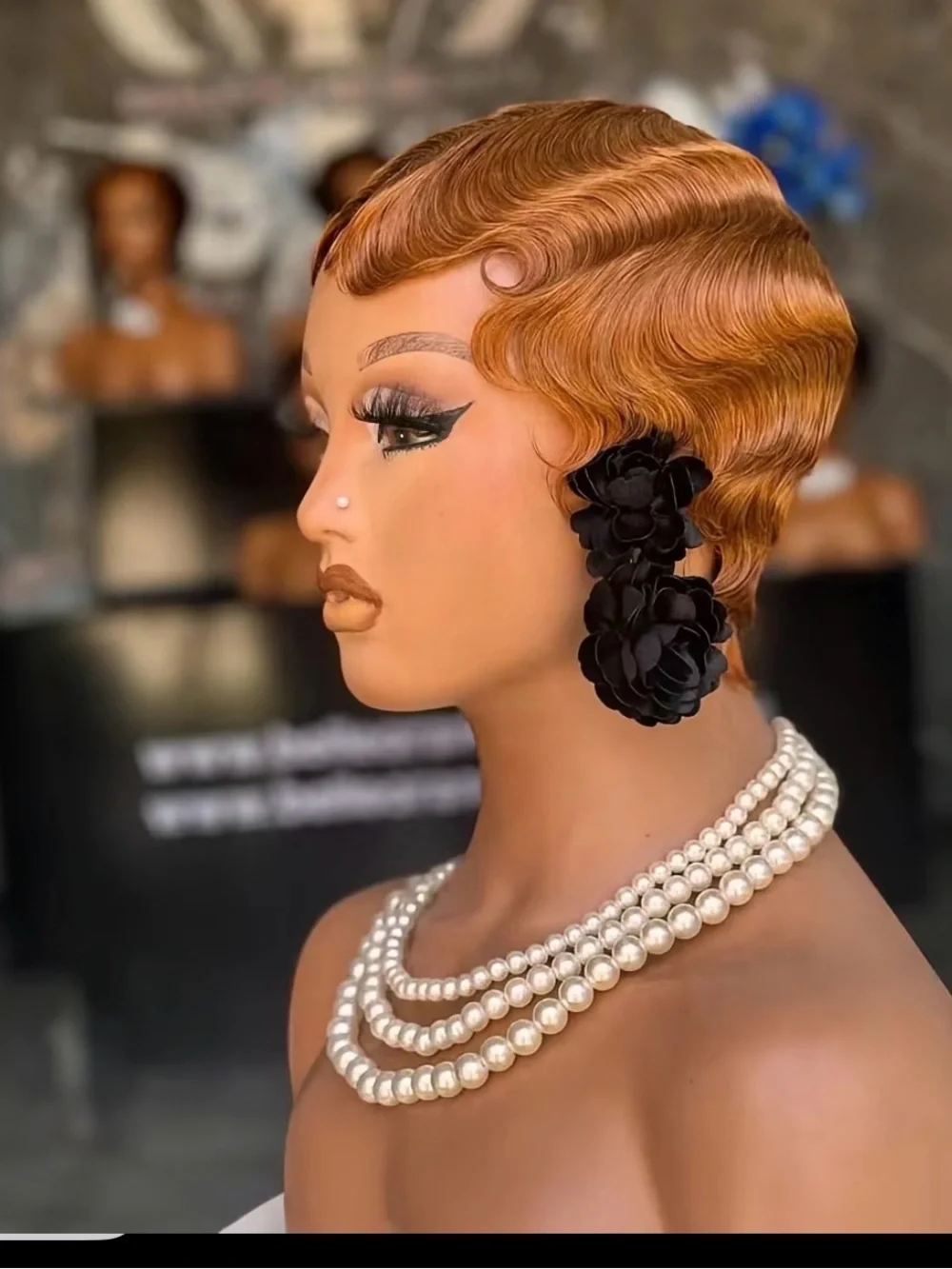 Copper Finger Wave Wig with Black Floral Accent